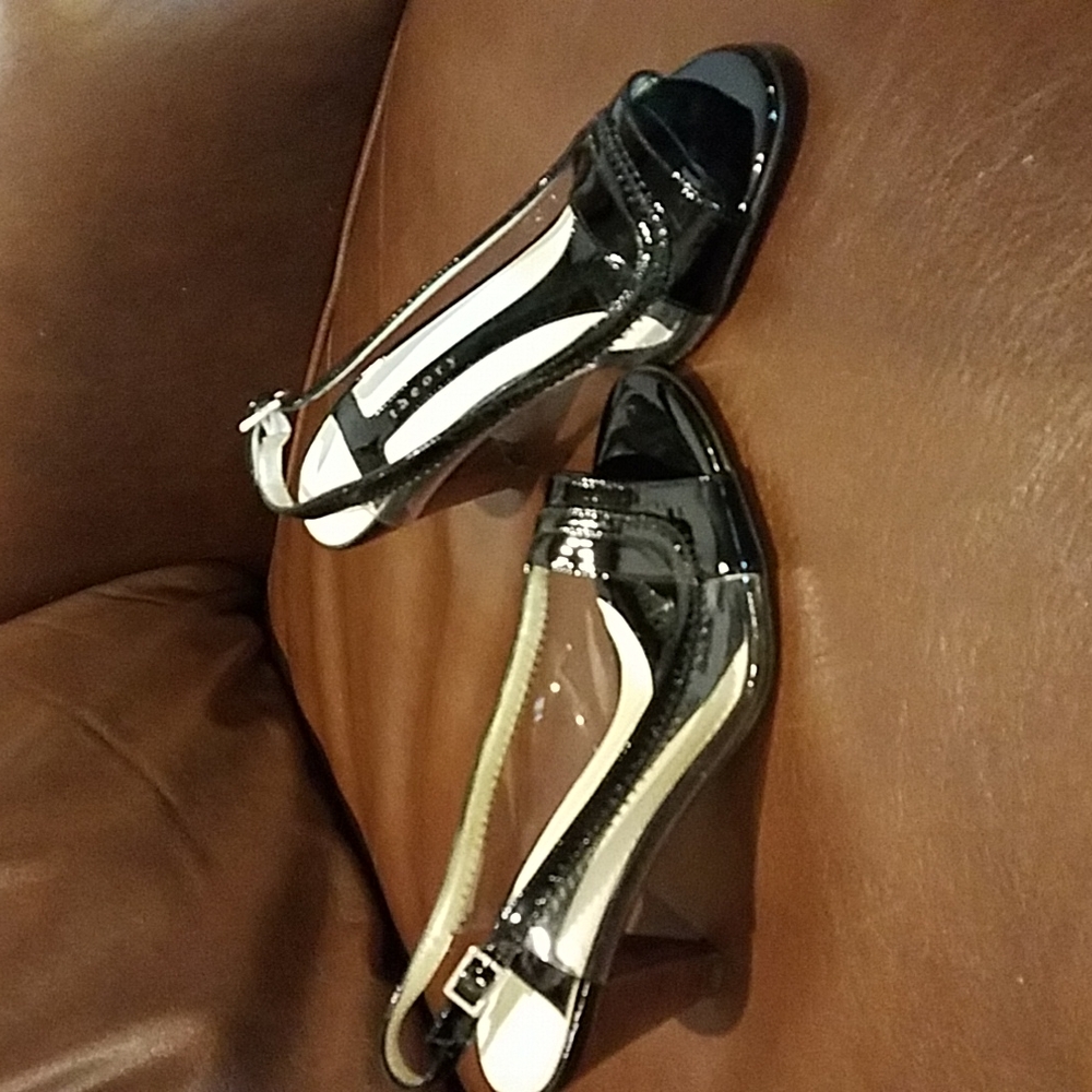 NEW Theory Black Patent 3" pumps. Open toes, strappy back. Black patent w/clear